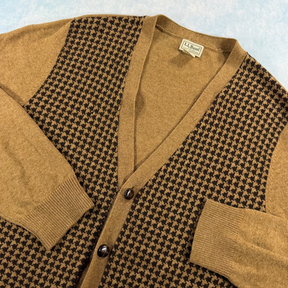 LL Bean Cardigan Mens Large Brown Excellent Lambswool Houndstooth V-Neck 0JSF5